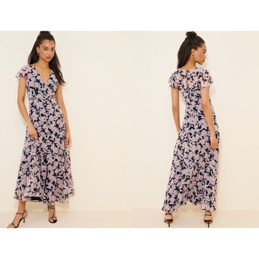 Hutch Floral Midi Dress Womens 10 Navy Pink Flutter Sleeve V-Neck Button Front